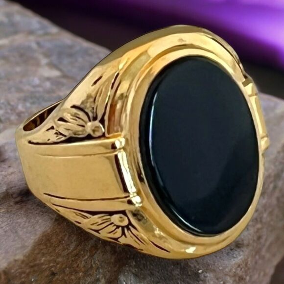 Vintage Clark and Coombs Ring Size 11 Onyx 18K Gold Plate Mid-Century Men's 14B - Picture 1 of 8